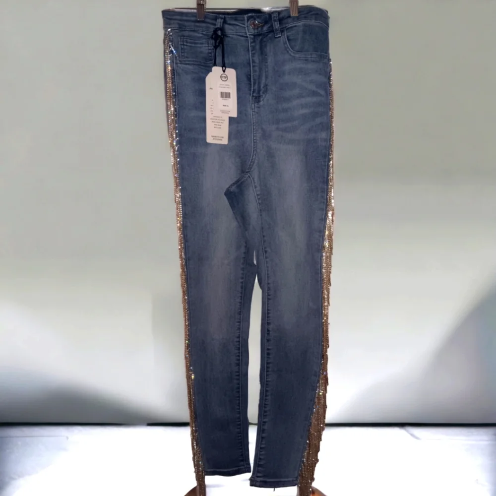 FTF High-rise Rhinestone Fringe Skinny Jean, Size 12